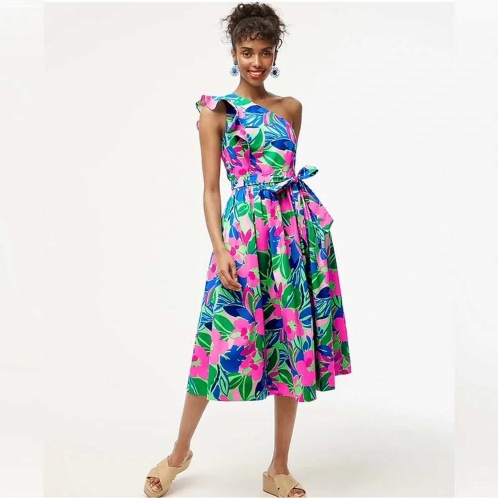J. Crew One-Shoulder Floral Midi Dress in Pink, Green & Blue - Picture 8 of 8